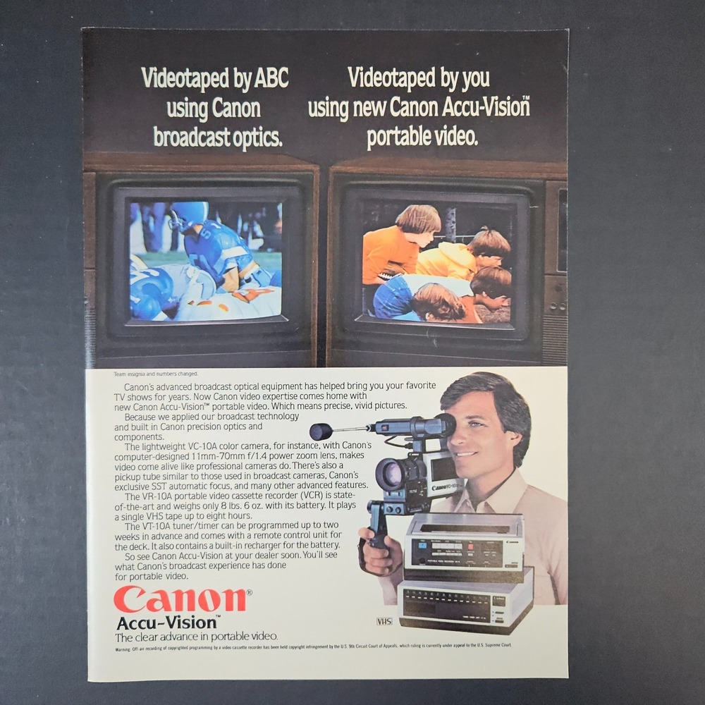 1983 Canon Accu-Vision VC-10A VR-10A VT-10A‎ Vintage Print Ad Football Kids VCR